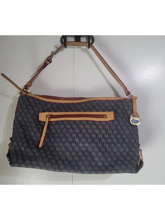 Dooney & Bourke Blue Denim Logo Brocade Shoulder Bag Brown Leather Red Interior - Picture 1 of 13